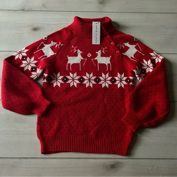 NWT Janie & Jack Red Holiday Snowflake Reindeer Sweater - Picture 1 of 4